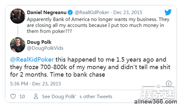 Sontheimer因职业扑克玩家身份被银行关闭账户